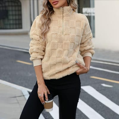 Herfst en Winter Dames Half-rits Opstaande Kraag Kort Los Ruitjes Pluche Pullover Trui Jas S