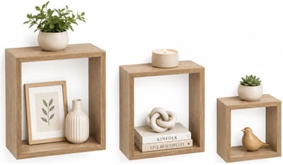 5five Zwevende wandplanken Blocks - set in 3x maten lengtes 15/20/25 cm - lichtbruin - hout - boekenplanken - muurplanken - hangplanken - kubussen