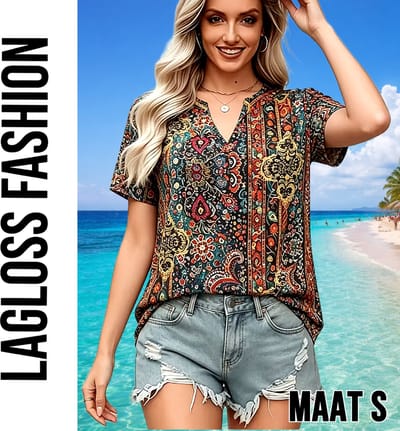 LaGloss® Elegante Paisley Blouse Dames – Bohemian Zomertop met V-Hals – Retro Print – Korte Mouw – Maat S