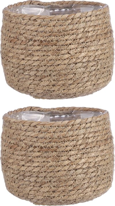 Mica Decorations Bloempot - 2x - rotan - beige - jute - 18 x 15 cm - Met plastic binnenkant