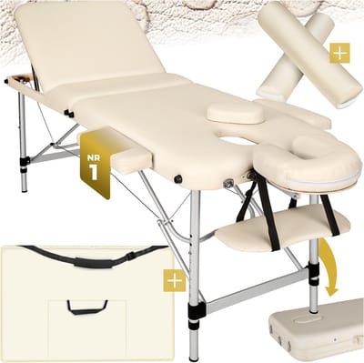 tectake® 3-Zone Massagetafel - 210x95x63cm - Mobiele Massagebank met Aluminium Frame en Rol- en Hoofdsteun - In Hoogte Verstelbare Behandelbank met Draagtas - Max Draagvermogen 220kg - Beige