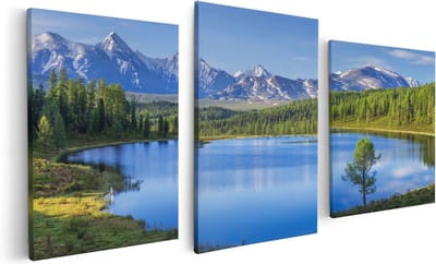 Artaza Canvas Schilderij Drieluik Meer Bij De Bergen In Het Bos - 120x60 cm - Wanddecoratie Woonkamer - Schilderijen - Muurdecoratie