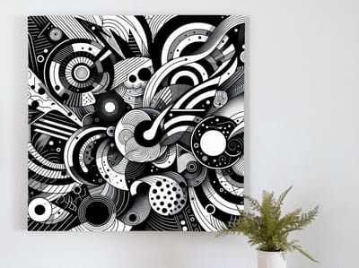 Abstract zwart wit schilderij | Monochroom meesterwerk vol mysterieuze vormen en diepe contrasten | Kunst - 100x100 centimeter op Dibond | Foto op Dibond