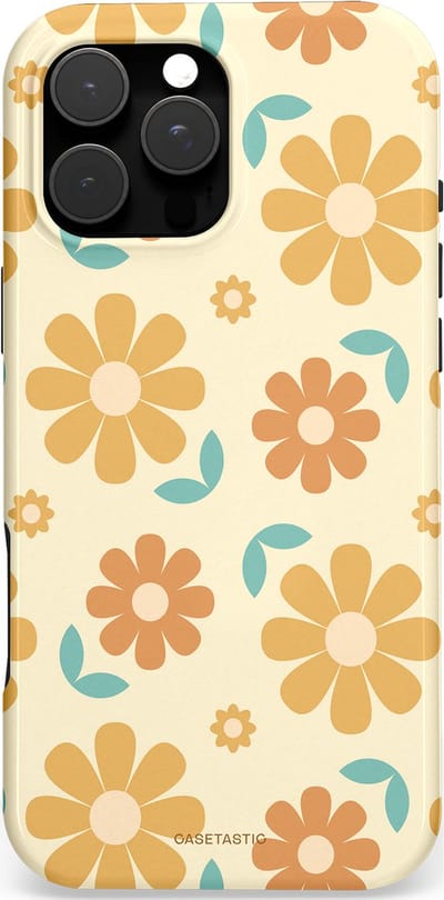 Casetastic hoesje geschikt voor Apple iPhone 16 Pro Max - MagSafe - Dubbellaagse bescherming - Flower power Retro Bloemen - Geel - Oranje - Blauw - Fashion Case - Crème Goud Perzik