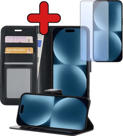 Hoesje - Met Screenprotector - Geschikt voor Apple iPhone 15 - Luxe Pasjeshouder - Flipcase - Bookcase Portemonee - Flip Case - Kunstleer Book Case - Book Cover - Walletcase - Portemonneehoes - Telefoonhoes - Zwart