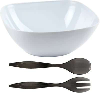 Plasticforte Salade/sla serveerschaal - wit - kunststof - D28 x H11 cm - met sla bestek - grijs - 29 cm