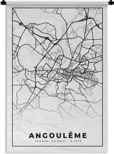 Wandkleed - Wanddoek - Plattegrond – Kaart – Angoulême - Frankrijk – Stadskaart - Zwart wit - 120x180 cm - Wandtapijt