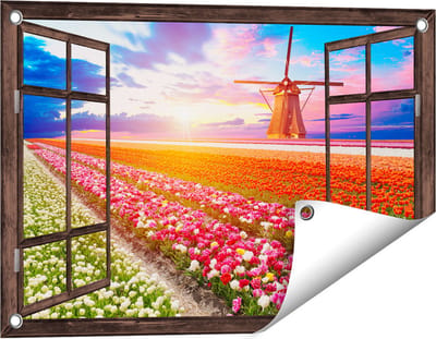 Gards Tuinposter Doorkijk Kleurrijke Bloemenveld met een Windmolen - 60x40 cm - Tuindoek - Tuindecoratie - Wanddecoratie buiten - Tuinschilderij