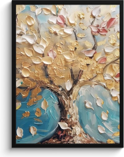 Poster in lijst - Fotolijst 60x80 cm - Posters - Boom - Blauw - Goud - Abstract - Modern - Posterlijst zwart - Decoratie - Wanddecoratie woonkamer - Muurdecoratie slaapkamer