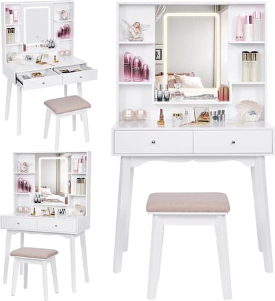 Make-uptafel met LED-verlichting en kruk - 3 kleuren - 5 laden - wit make up tafel