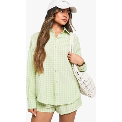 boohoo Dames Gingham Drop Shoulder Oversized Shirt | Green | Maat: 6