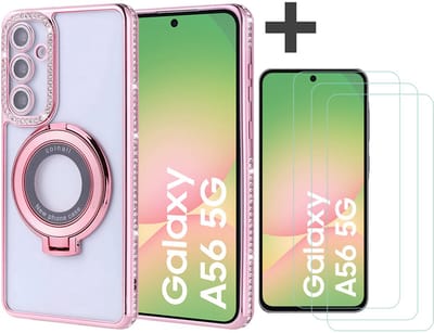 Hoesje met Ringhouder Geschikt voor Samsung Galaxy A56 met Diamant Glitters en 3 Stuks Gehard Glas Screenprotector – Arara Backcover - Rosegoud