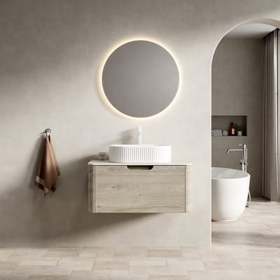Wishdor - Badkamermeubel - Ovale Wastafel En Gebogen Kast - Wandhangend - Keramiek En Gesinterde Steen - Beige En Wit - 80 Cm