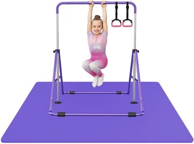Gymnastiek Set Kinderen - Turnen Thuis - Sport & Spel - Verstelbare Bar & Mat - 200x140 cm Mat - Paars