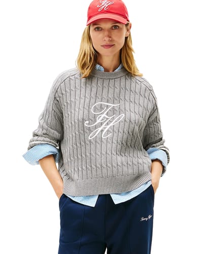 Tommy Hilfiger Logo Embroidery Relaxed Cable Knit Jumper Med Heather Grey Taglia: XS | Maglioni a maglia Outlet | Donna | Grigio