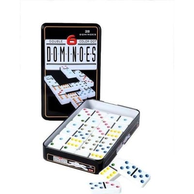 Domino Dubbel 6 – 28 Stenen met Gekleurde Ogen – Compact Blik – Klassiek Spel voor Thuis – Strategisch Familiespel - Engelhart