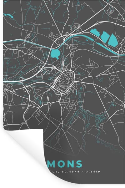 Muurstickers - Sticker Folie - Stadskaart – Grijs - Kaart – Mons – België – Plattegrond - 20x30 cm - Plakfolie - Muurstickers Kinderkamer - Zelfklevend Behang - Zelfklevend behangpapier - Stickerfolie