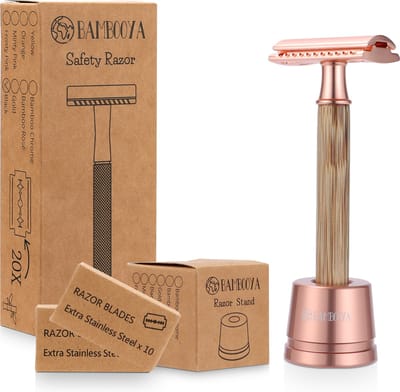 Safety Razor + Houder + 20 Scheermesjes Bamboe Milieuvriendelijk Set - Rosè Gold