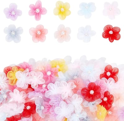 Kleine Ambachtelijke Bloem - Lint Bloemen - DIY Decoratie - Handgemaakt met Parel - 100 Stuks - Gemengde Kleuren
