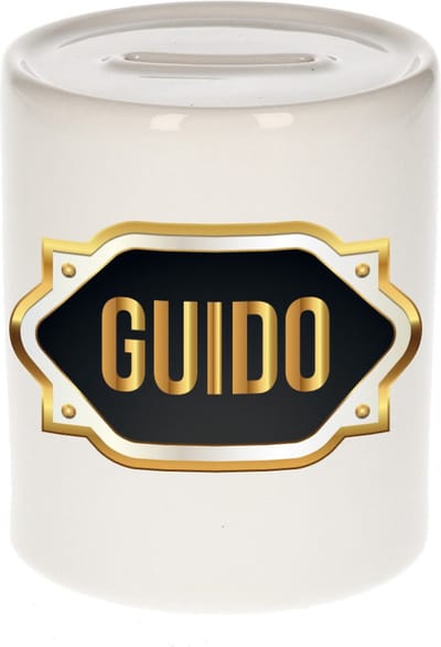 Spaarpot met voornaam Guido - wit - met goud/zwart embleem - 8 x 9 cm - keramiek - met afsluitdop - cadeau verjaardag