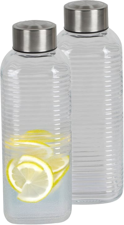 Urban Living Waterfles/drinkfles Vertigo - 2x - glas - transparant - met RVS dop - 750 ml