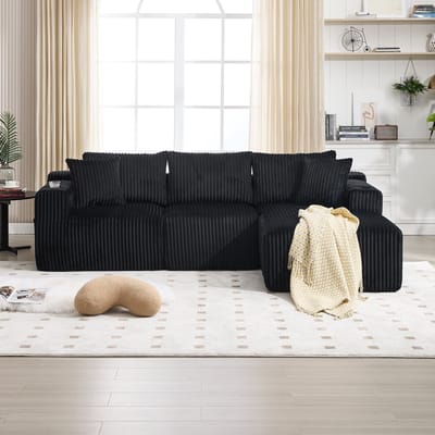 MODFU Modulaire Bank - Met Chaise Longue En 2-Zits - Zijvakken En Bekerhouders - Voor Woonkamer - Ribfluweel - Zwart