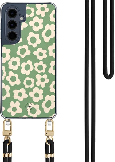 Telefoonhoesje met koord geschikt voor Samsung A16 - Retro cute flowers - Inclusief Zwart koord - Transparant, Groen - Bloemen - Crossbody beschermhoes - Met Telefoonketting