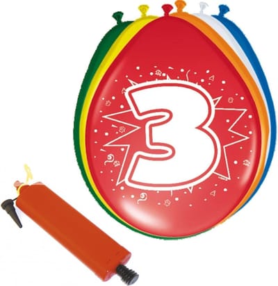 Folat - Verjaardag ballonnen pakket 3 jaar - 32x stuks met ballonpomp