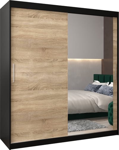 InspireMe - Kledingkast met 2 schuifdeuren, Modern-stijl, Kledingkast met planken (BxHxD): 180x200x62 - TORM II 180 Zwart Mat + Sonoma Eik