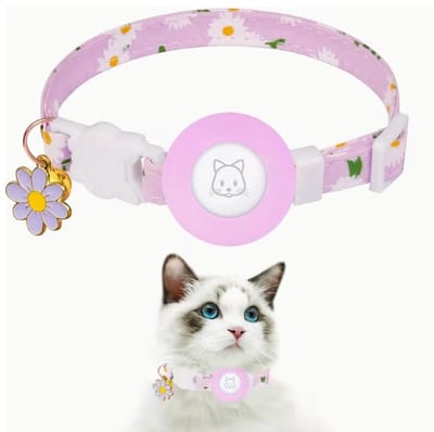 Kattenhalsband met AirTag Houder & Belletje - Veiligheidssluiting (Breakaway) - Met Bloem Hanger - Verstelbaar - Katten & Kleine Honden - Paars