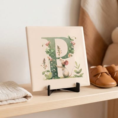 Tegeltje | Alfabet | Bosdiertjes | Baby | Letter P | Glans afwerking | Inclusief gratis standaard | 15 x 15 cm | Fotofabriek