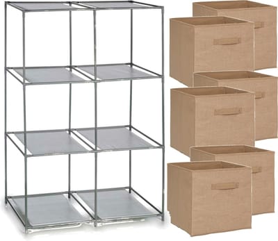 5Five Kastmandjes/opberg manden - lichtbruin - jute - 6x van 29 Liter - Metalen rekje is 68 x 102 cm