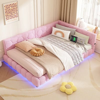 VVBV Tweepersoonsbed 140x200 met 16-kleuren LED en USB-C Aansluiting – Gestoffeerd Bed met Lattenbodem – Fluweel Roze