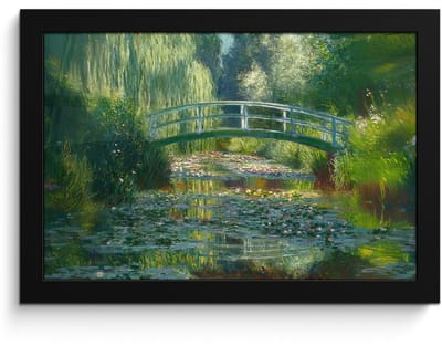 Poster in lijst - Fotolijst 30x20 cm - Posters - Brug - Hout - Vijver - Waterlelies - Posterlijst zwart - Decoratie - Wanddecoratie woonkamer - Muurdecoratie slaapkamer