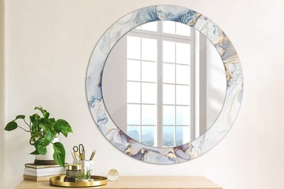 Wallfluent Bedrukte Ronde Spiegel - Ronde Spiegel Met Bedrukte Lijst Abstracte Kunst - 70 cm / 56 cm - Blauw - Blauw Ronde Spiegel Met Decoratie - Slaapkamerspiegel - Badkamerspiegel - Gang - Kleedkamer - Glazen spiegel