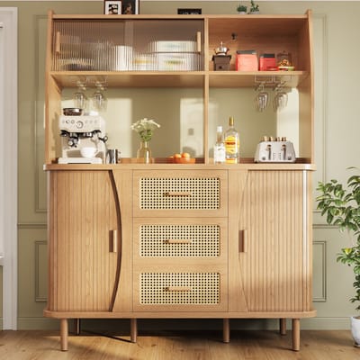 Buffetkast - 174,5cm - Rattan Schuifdeur - 60 kg Draagkr. Opbergruimte - Houtlook Walnoot - Walnoot