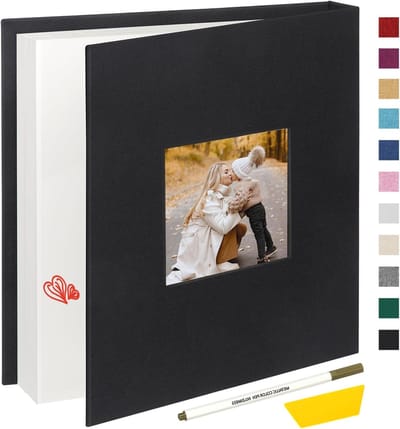 Fotoalbum met Zelfklevende Pagina's voor 4x6, 5x7 en 8x10 Foto's, 40 Bladzijden, Linnen Hoes met Venster, Creatief Scrapbook met Metallic Pen en Schraper