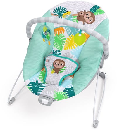 BRIGHT STARTS Wild Wonders Vibrerende Baby-Bouncer - Boog met uitneembare leerspeeltjes, 3-punts tuigje