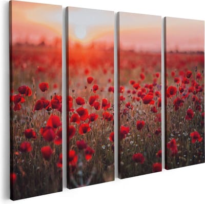 Artaza Canvas Schilderij Vierluik Rode Klaprozen Bloemenveld Zonsondergang - 80x60 cm - Wanddecoratie Woonkamer - Schilderijen - Muurdecoratie