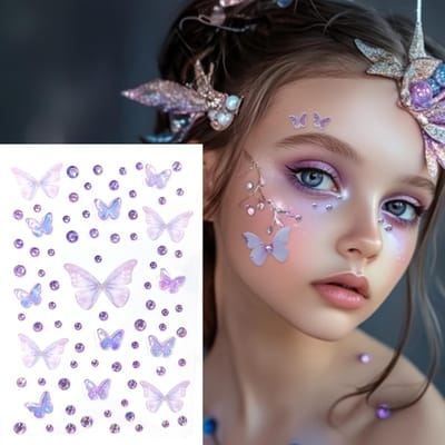 Décoration de visage 3D auto-adhésive, Accessoires de décoration faciale à paillettes multicolores, Bijoux à paillettes rectangulaires, Décoration de visage DIY violet