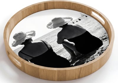 Dienblad rond 40x40 cm - Schootdienblad hout - Vrouwen - Zonnehoed - Strand - Zwart - Wit - Borrelplank rechthoek - Plateau houten dienbladen
