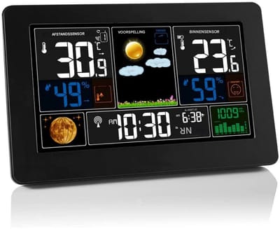 GELLDG Draadloos weerstation - met buitensensor - met weersvoorspelling, temperatuurwaarschuwingen en DCF-radioklok - Geschikt voor batterijen en stroomvoorziening - zwart
