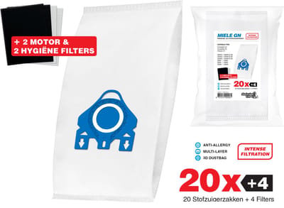 20x GN Premium Plus Verbeterde 3D Stofzuigerzakken geschikt voor Miele - 20x Zakken + 4 filters - Speciaal voor Huisdieren en Allergieën zoals Cat en Dog - Stofzakken geschikt voor Miele C3, C2, C1, S8, S5, S2, S8000, S5000, S2000, S800, S600 en S400