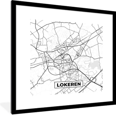 Fotolijst incl. Poster Zwart Wit- België – Lokeren – Stadskaart – Kaart – Zwart Wit – Plattegrond - 40x40 cm - Posterlijst