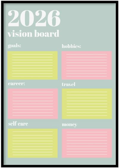 Poster 2026 Vision board blauw - 30x40 cm - Kalender - Planner poster - WALLLL - Exclusief lijst - Professioneel fotopapier