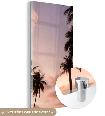 MuchoWow® Glasschilderij 60x120 cm - Schilderij acrylglas - Palmboom - Pastel - Zomer - Foto op glas - Schilderijen