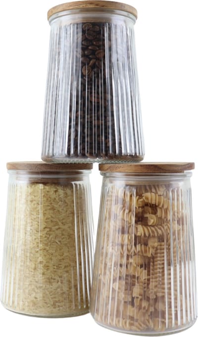 OTIX Voorraadpotten - Glas - met Deksel - Snoeppotten - Set van 3 - Voedselopbergers - Koffiepads Bewaarbus - Acacia Wood - 950ml - SIRIUS