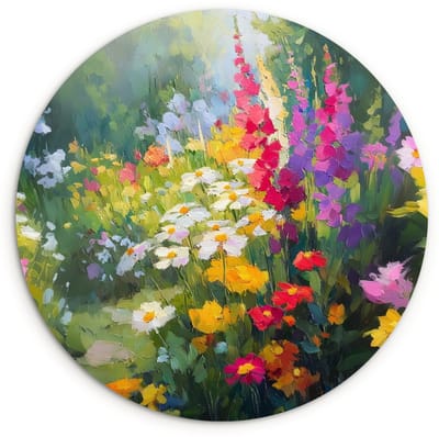 WallCircle® Wandcirkel 120x120 cm - Muurcirkel Zomertuin - Sfeervol - Bloemen - Muurdecoratie woonkamer - Wanddecoratie slaapkamer - Kamer decoratie accessoires - Ronde schilderijen XXL