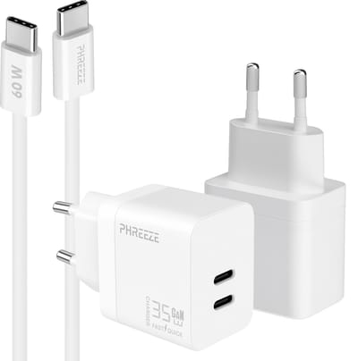 Phreeze usb C oplader 35w met usb C naar usb C kabel 1 meter - Power Delivery snellader - GaN charger met 2 usb C poorten