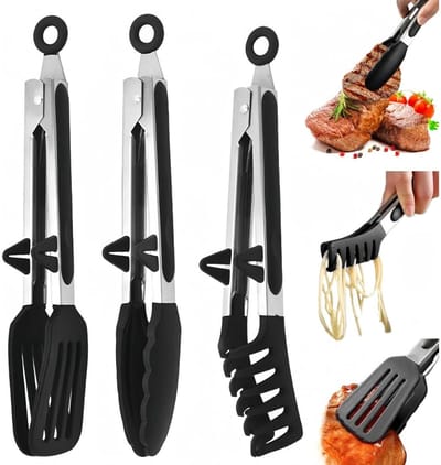 GELLDG 3 stuks Vleestang Siliconen - Keukentang - Serveertang - Spaghettitang - Met Pootjes - Antislip handgreep - Geschikt voor noedels, vlees en brood - Zwart